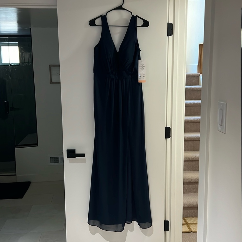 NWT Bill Levkoff 7132 Navy Chiffon Sleeveless Natural Waist Dress Size 10